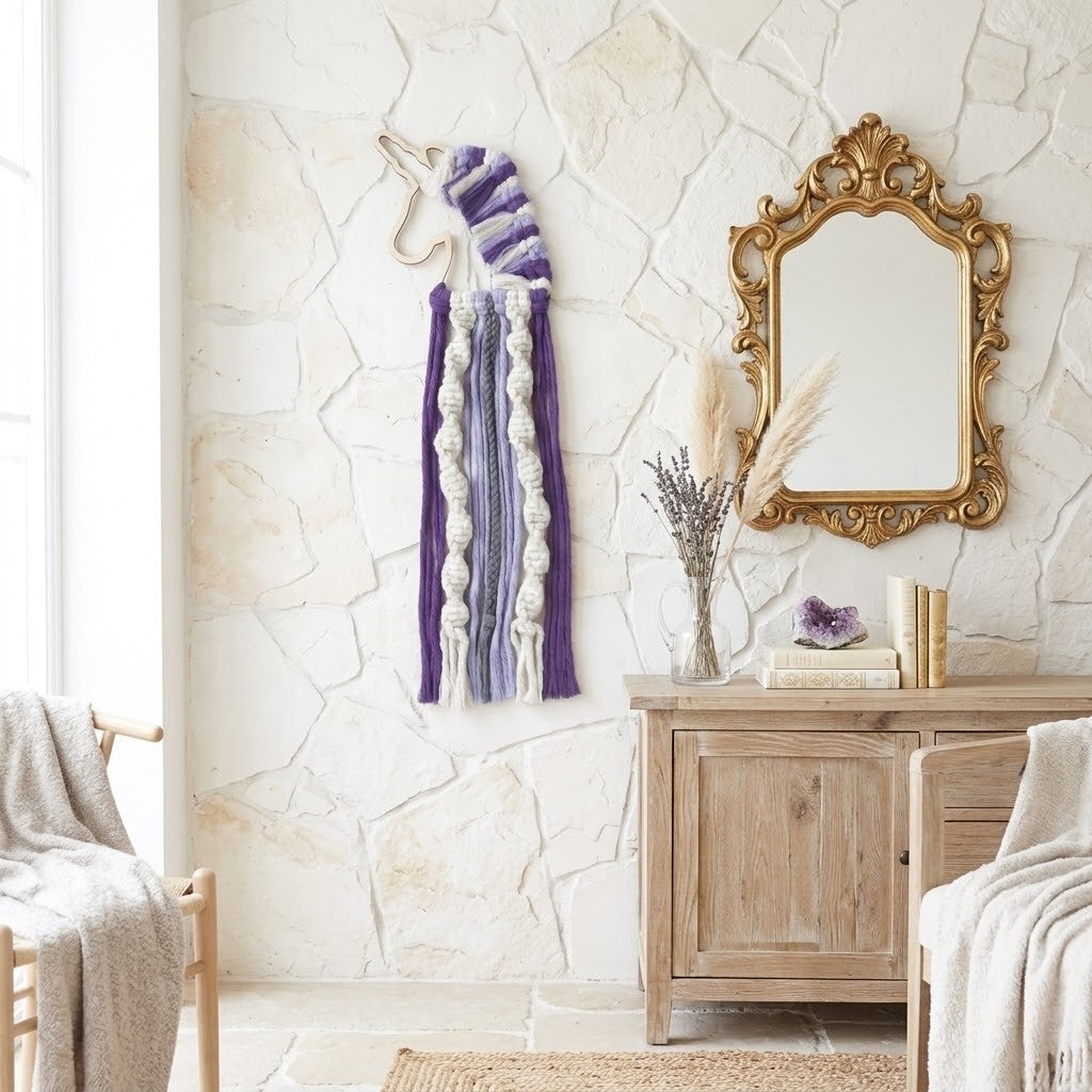 A purple and cream unicorn woven wall hanging with tassels is displayed on a rustic stone wall in a styled room setting next to a wooden cabinet and gold mirror.
