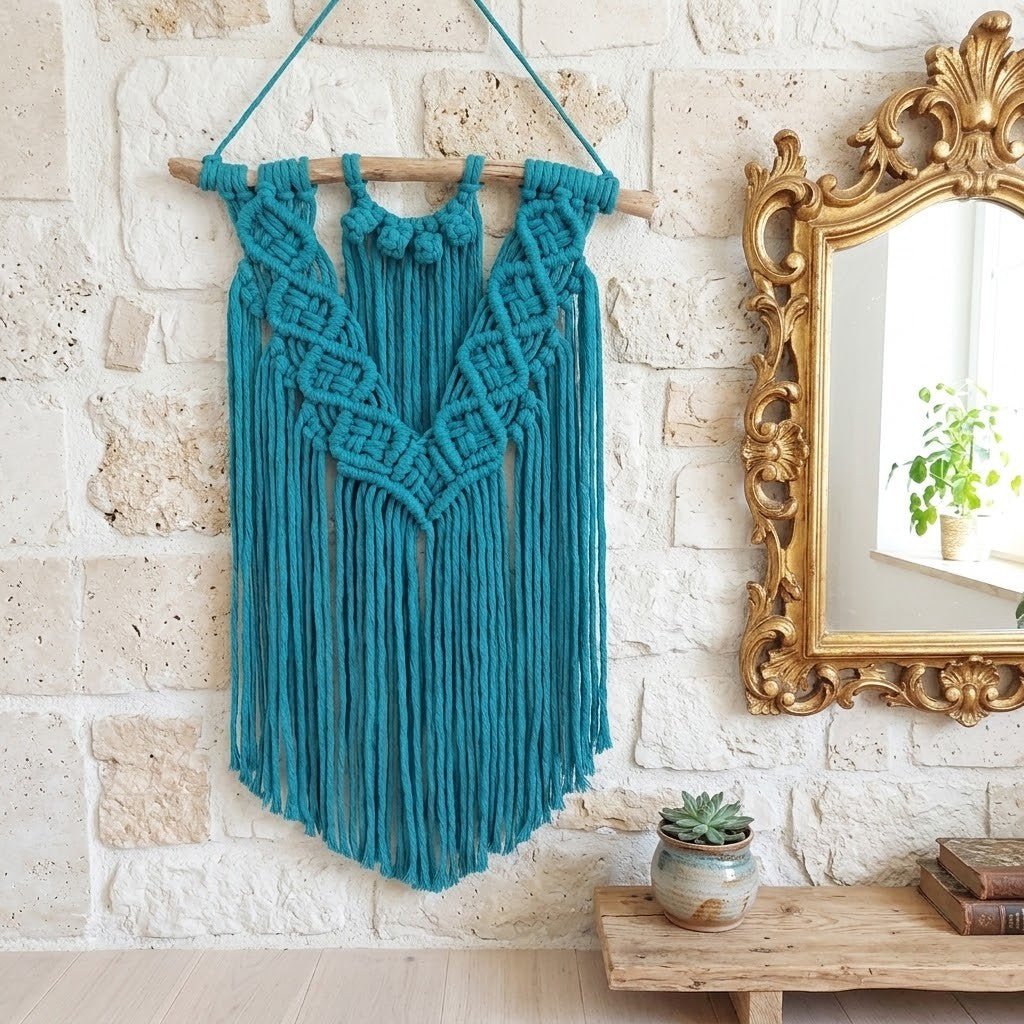 A teal blue macrame wall hanging with long fringe and a geometric woven pattern, suspended from a wooden dowel on a white brick wall next to an ornate gold mirror.