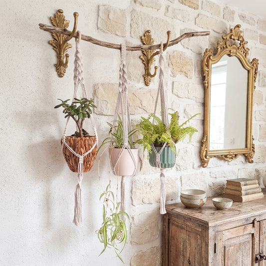 Three potted houseplants hanging from macrame plant hangers suspended from a rustic wooden branch, displayed on a textured white stone wall next to an ornate gold mirror and above a wooden cabinet.