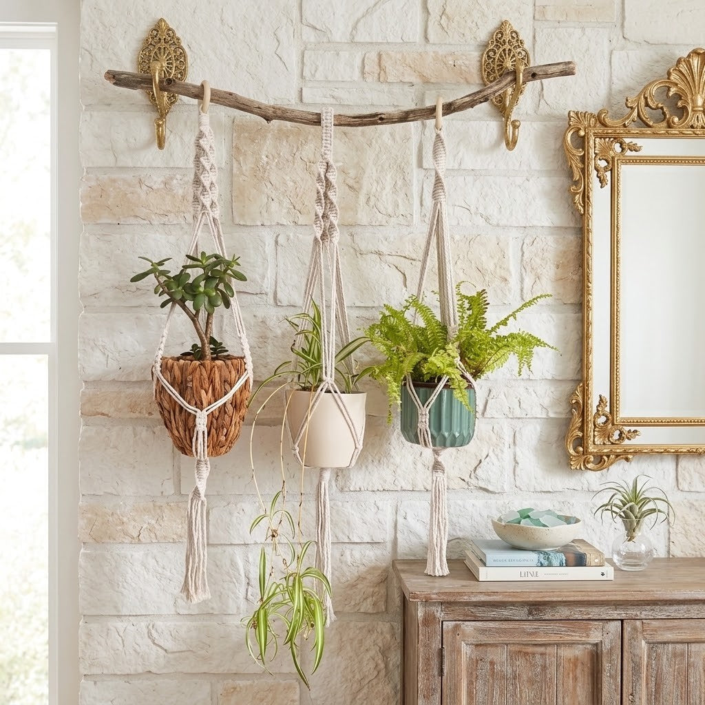 Three macrame plant hangers suspended from a rustic wooden branch mounted on a light stone wall, with potted green plants, a wooden cabinet, and a gold-framed mirror in a bright interior setting.