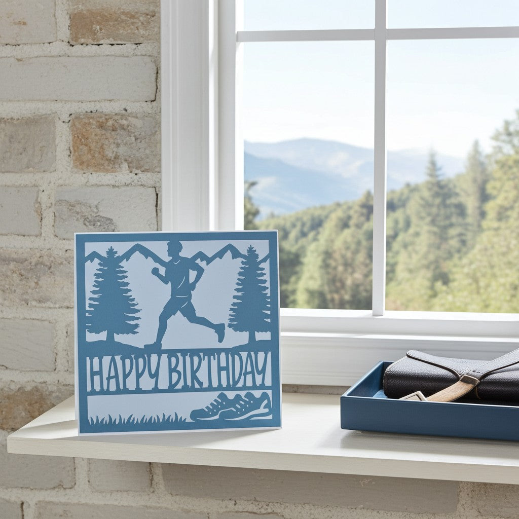 A blue square greeting card with a silhouette runner, trees, mountains, and the words “HAPPY BIRTHDAY,” displayed on a white windowsill next to a window with outdoor scenery and a dark blue box.