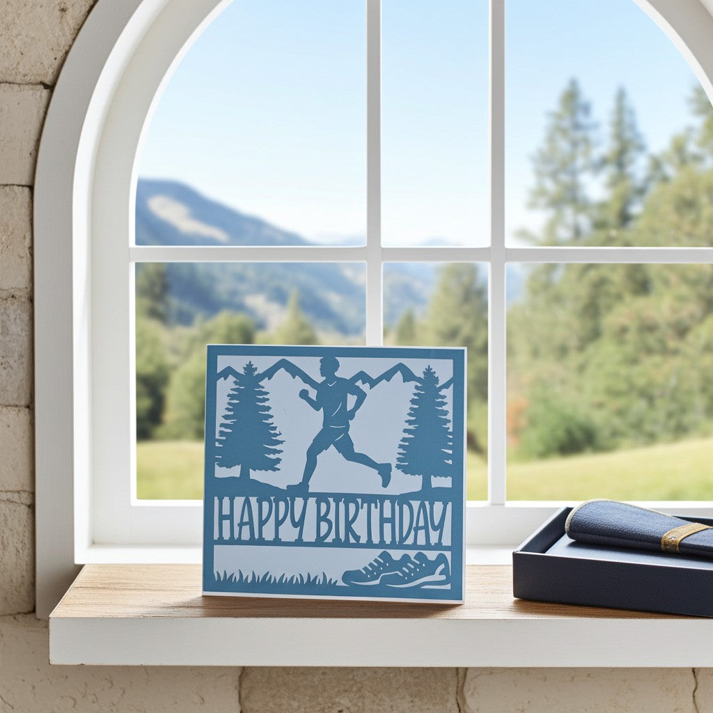 A blue birthday card featuring a running man silhouette, mountains, trees, and the words 'HAPPY BIRTHDAY' with running shoes, displayed on a wooden windowsill with a blurred outdoor mountain landscape in the background.