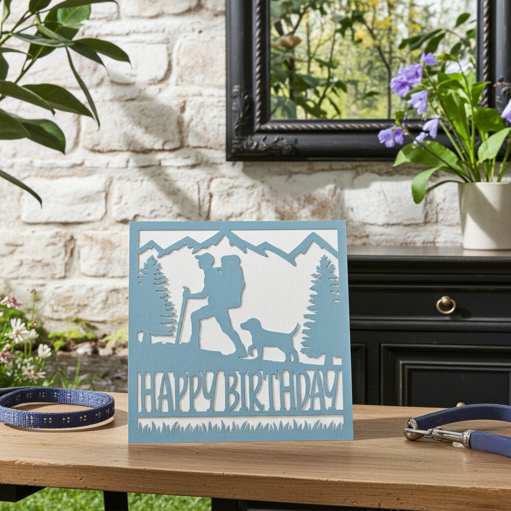 A square birthday card with a light blue laser-cut outdoor scene of a hiker, dog, mountains, and trees, with 'HAPPY BIRTHDAY' cut across the bottom, displayed on a wooden table in a styled home setting.