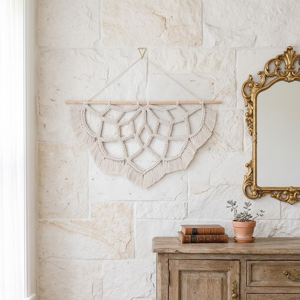 A cream macrame wall hanging with intricate geometric woven patterns and fringe, suspended from a light wooden dowel on a textured beige stone wall above a rustic wooden console table with books and a potted plant.