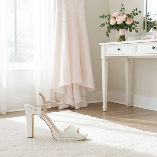 Ivory high-heeled wedding shoe on a white rug with gown hung behind