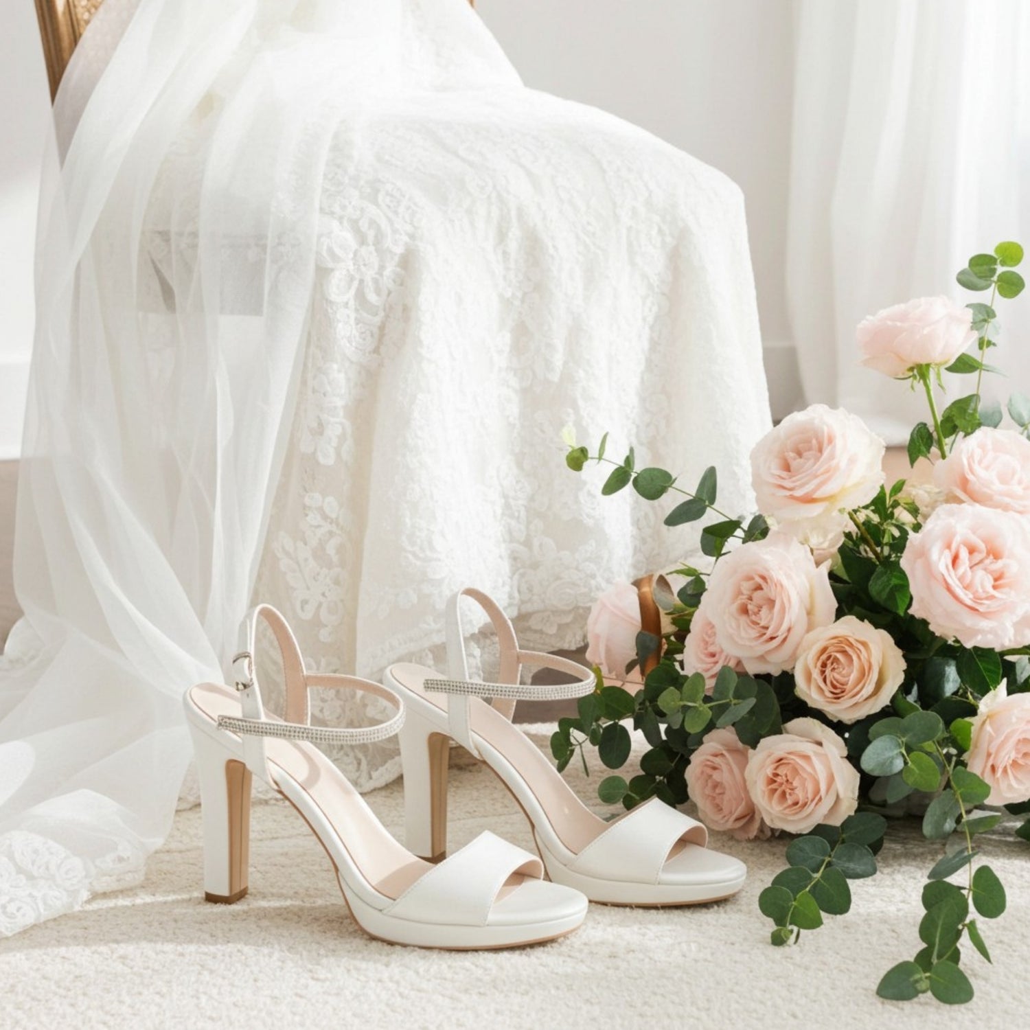 Ivory high-heeled shoes with a bouquet of pink roses on a white background