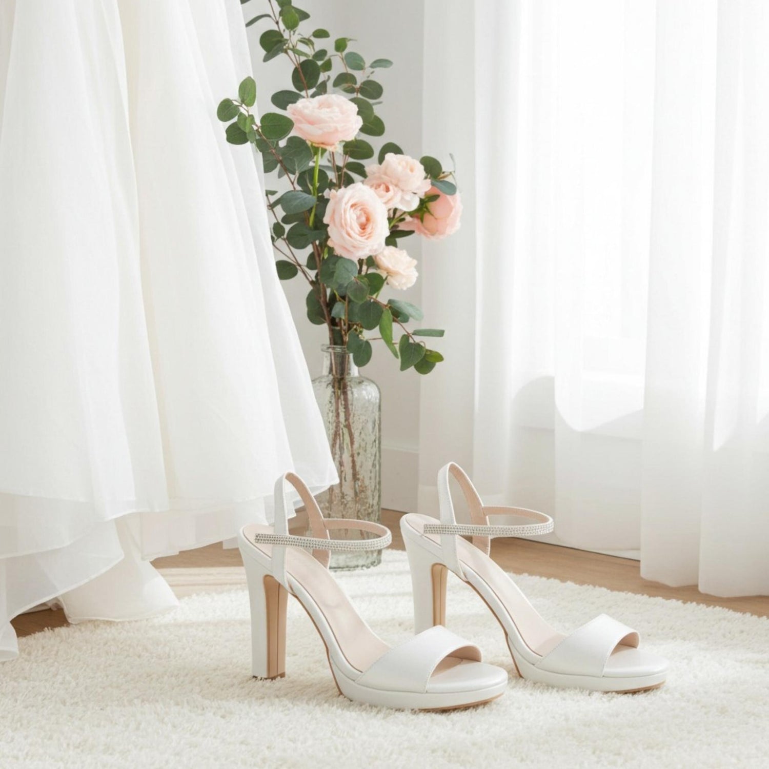 Ivory high-heeled bridal shoes on a white rug with a vase of pink flowers in the background.