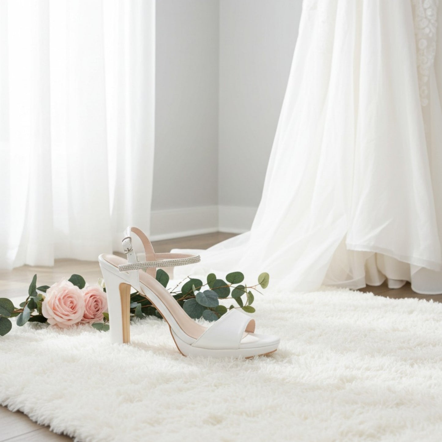 Ivory platform high-heeled bridal shoes on a white rug with pink roses and green leaves.
