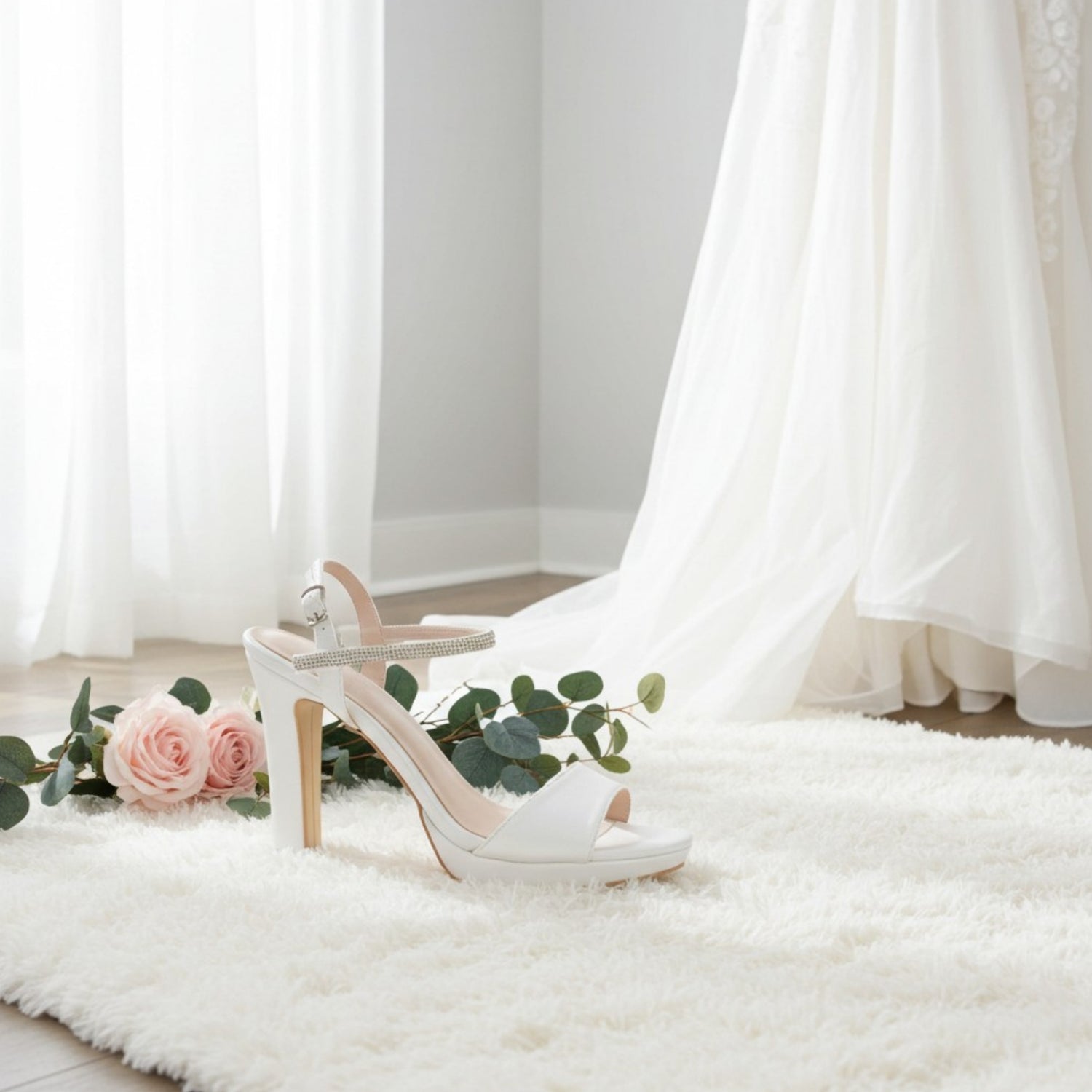 Ivory platform high-heeled bridal shoes on a white rug with pink roses and green leaves.
