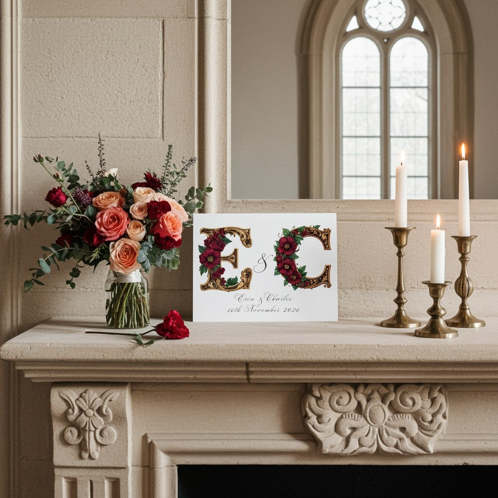 Decorative setup with flowers, candles, and a medieval wedding card on a fireplace mantle.