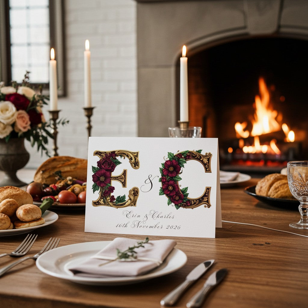 Decorative table setting with a medieval card featuring initials and date, candles, and flowers in front of a fireplace.