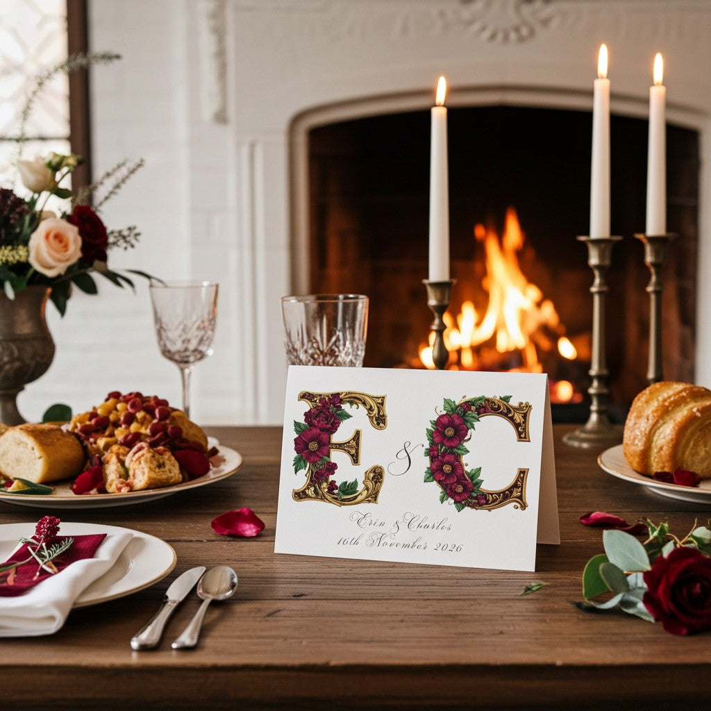Table setting with a medieval card featuring initials 'EC' in front of a fireplace.
