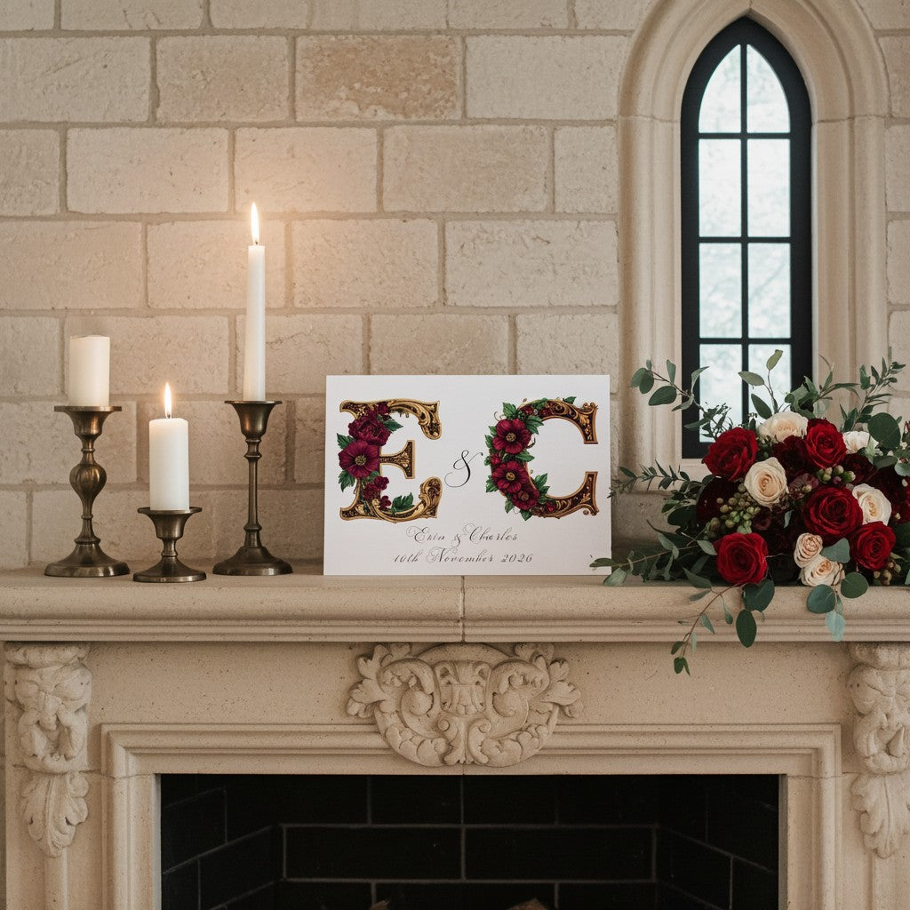 Decorative fireplace mantel with candles, a floral arrangement, and a personalised medieval style wedding card.