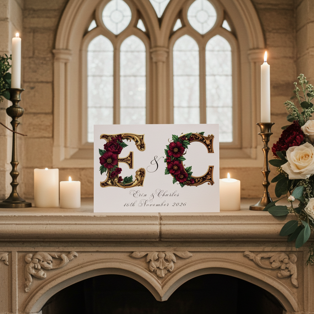 Decorative card with initials 'EC' in a floral wreath on a stone surface with candles and flowers.