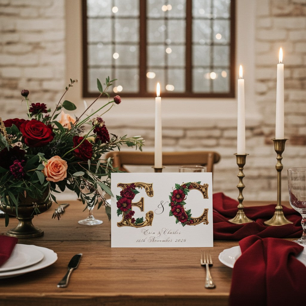 Decorative table setting with flowers, candles, and a medieval card with initials on a wooden table.