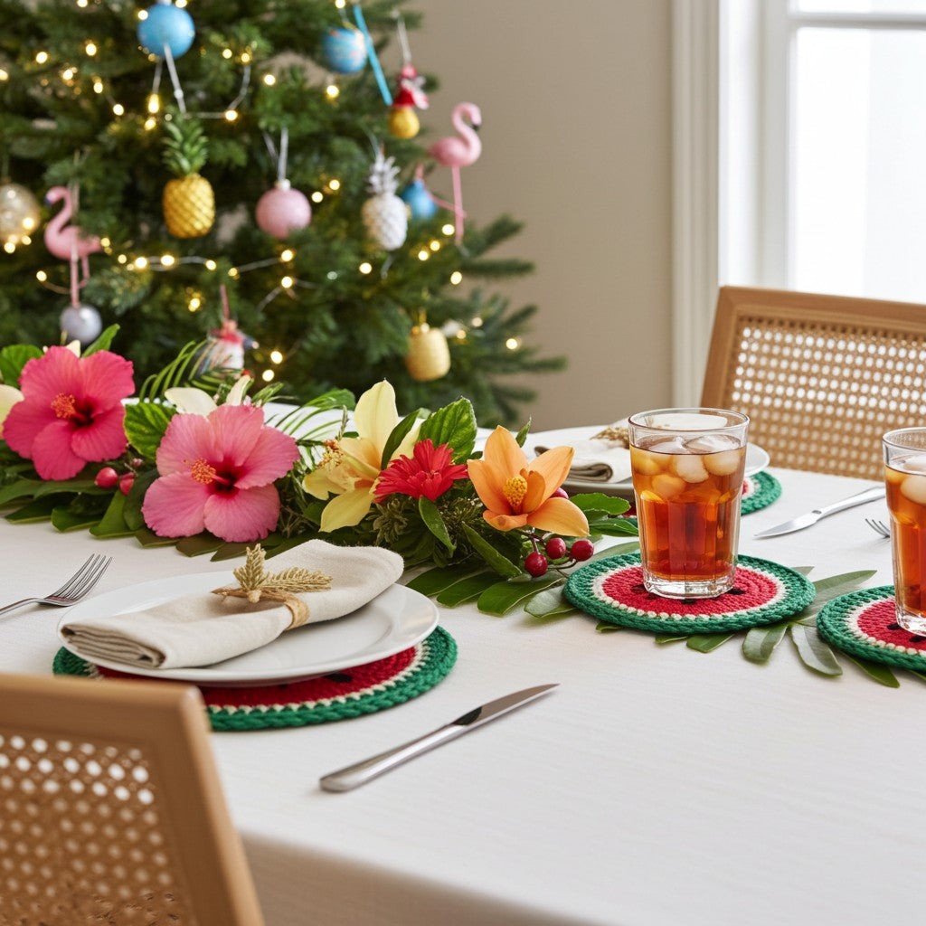 A festive Christmas table setting with a white tablecloth, woven green and red placemats, white plates, silver cutlery, iced tea in clear glasses, tropical flower centrepieces, and a decorated Christmas tree in the background.