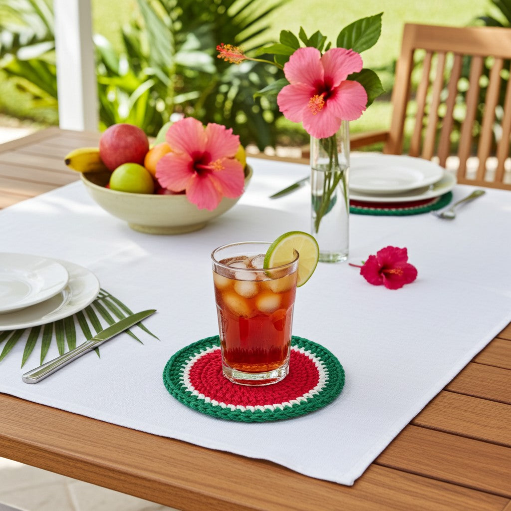 A glass of iced tea with a lime wedge sits on a round woven coaster with a red, white, and green melon pattern, placed on a white table runner in an outdoor patio setting.