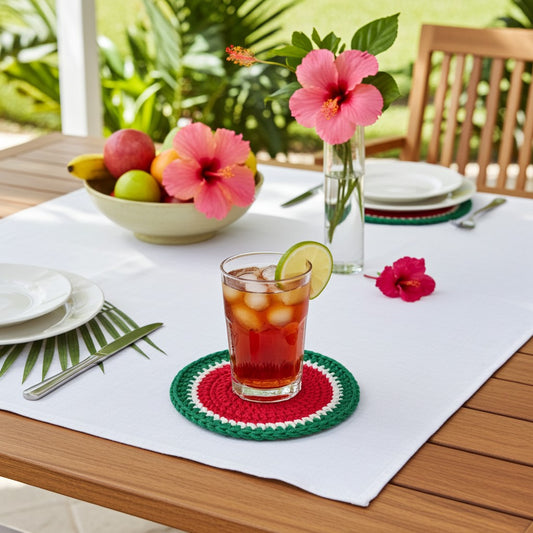 A glass of iced tea with a lime wedge sits on a round woven coaster with a red, white, and green melon pattern, placed on a white table runner in an outdoor patio setting.