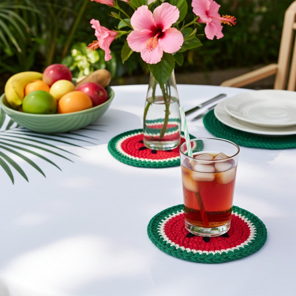 Red and green woven round melon placemats on a white table, with one holding a glass of iced tea and the other holding a vase of pink hibiscus flowers. A bowl of fruit and white plates are also visible in an outdoor dining setting.