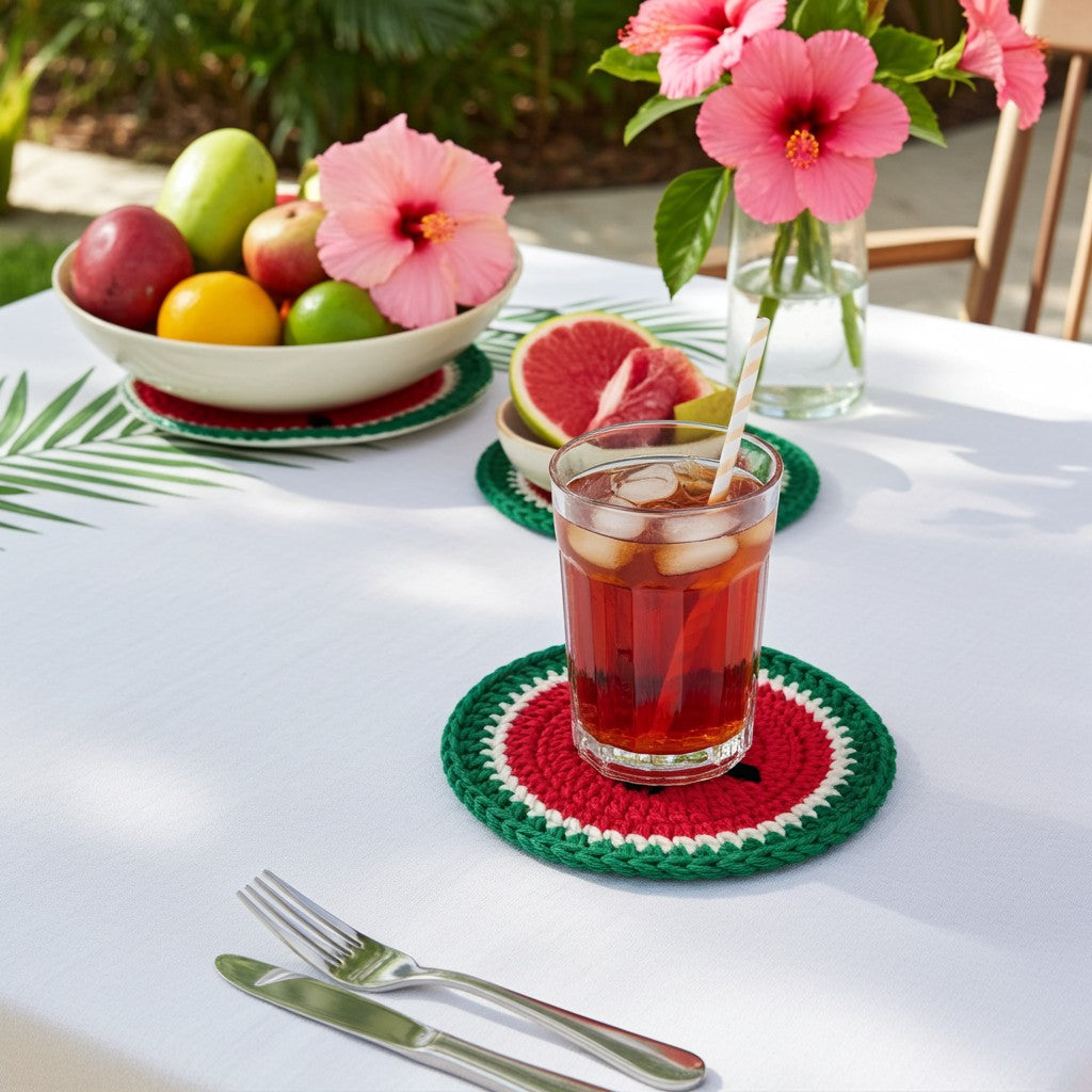 A set of handmade crocheted watermelon-themed coasters in red, green, and white, styled on a white tablecloth with a glass of iced tea, a bowl of fruit, and pink hibiscus flowers.