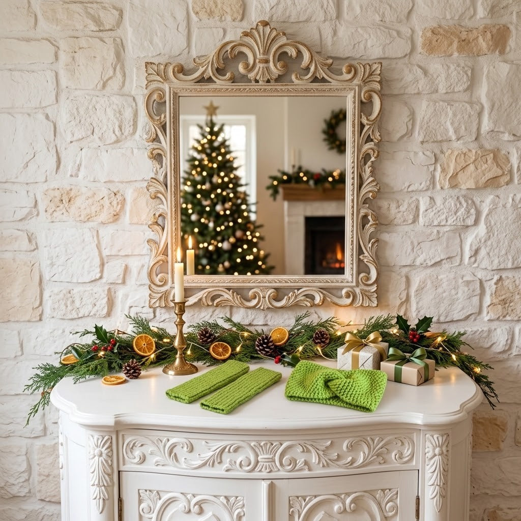 An ornate cream-coloured decorative mirror with a carved frame hangs above a white console table with merino wool headband and gloves, pinecones, dried orange slices, and holiday greenery. A fireplace and Christmas tree are visible in the mirror reflection against a light stone brick wall.