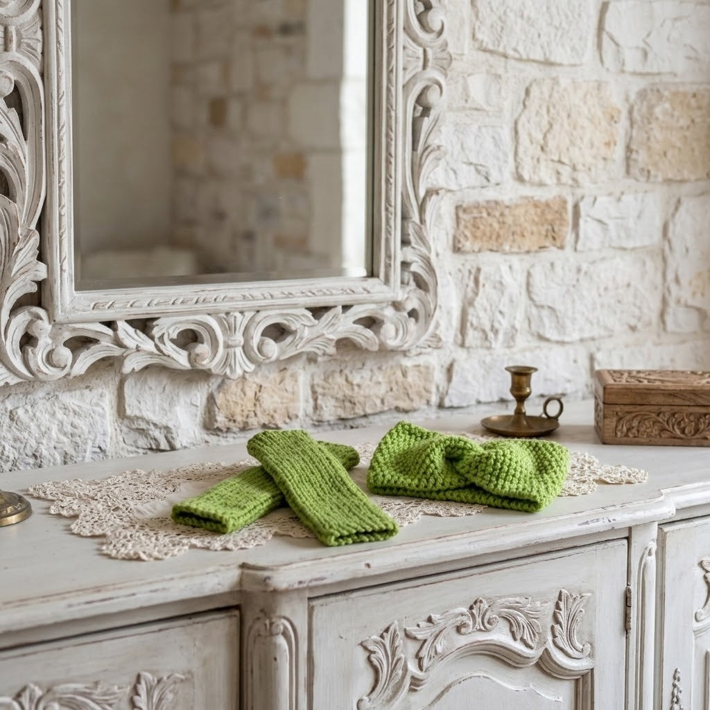 A pair of bright green hand-knit woollen fingerless gloves and a matching green knitted bow or hair accessory arranged on a distressed white wooden console table in front of a stone wall and ornate mirror.