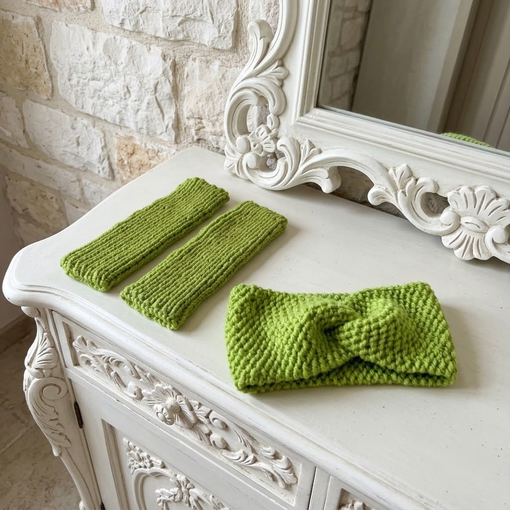 A set of three knitted accessories in a bright lime green colour, including two long ribbed wrist warmers and one knotted headband, displayed on an ornate white wooden console table in front of a mirror.