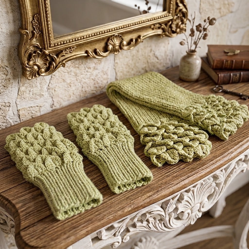 A set of light olive green hand-knitted accessories, including a pair of fingerless gloves and a matching scarf, styled on a wooden console table with a vintage gold mirror and books in the background.