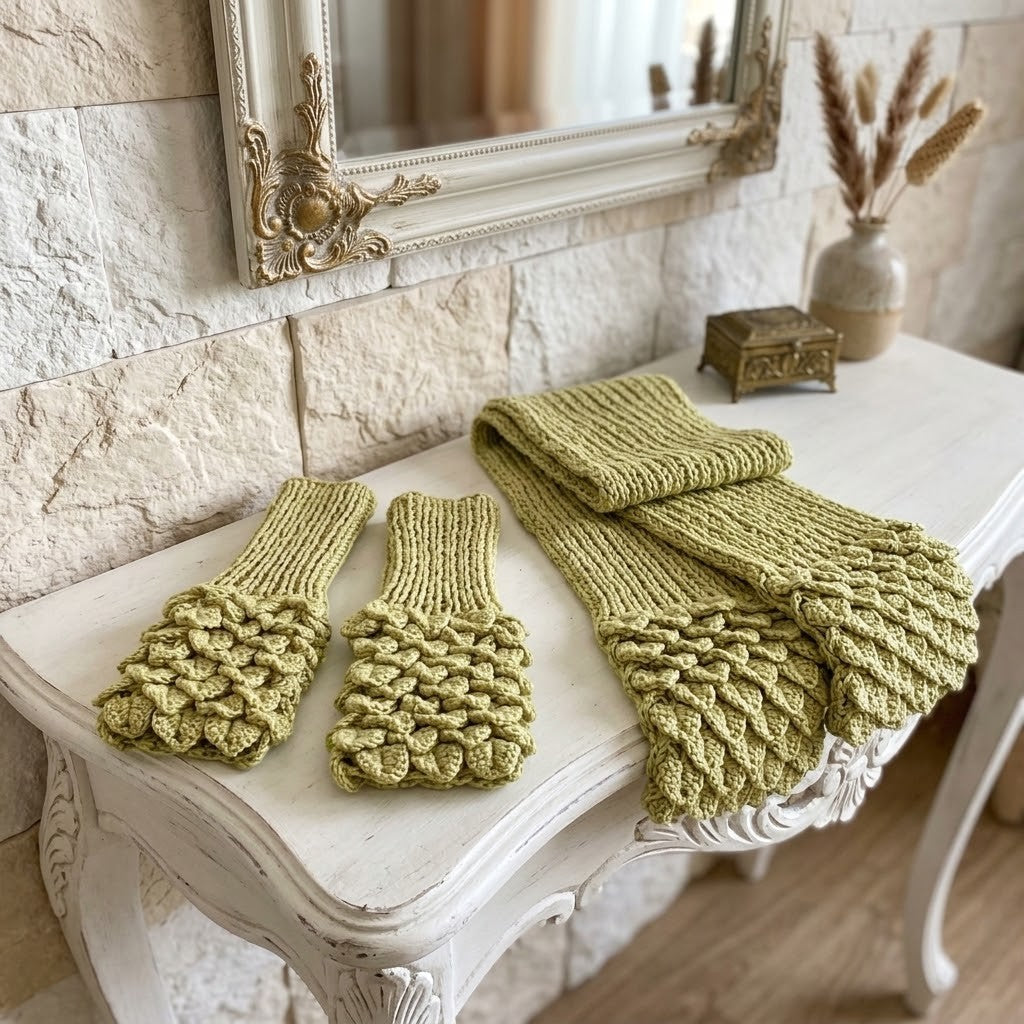 A set of olive green hand warmers and matching neck scarf with a textured, raised floral pattern, displayed on a distressed white console table in a cosy room setting.