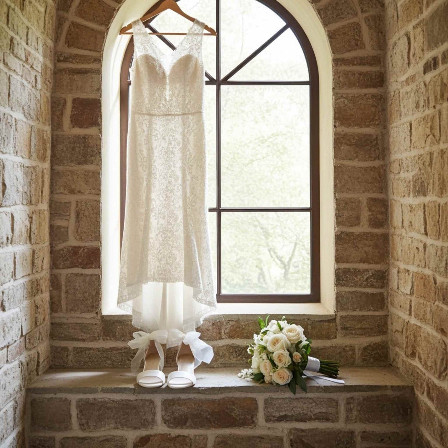 Wedding dress, shoes, and bouquet on a stone window ledge.