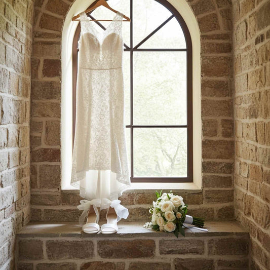 Wedding dress, shoes, and bouquet on a stone window ledge.