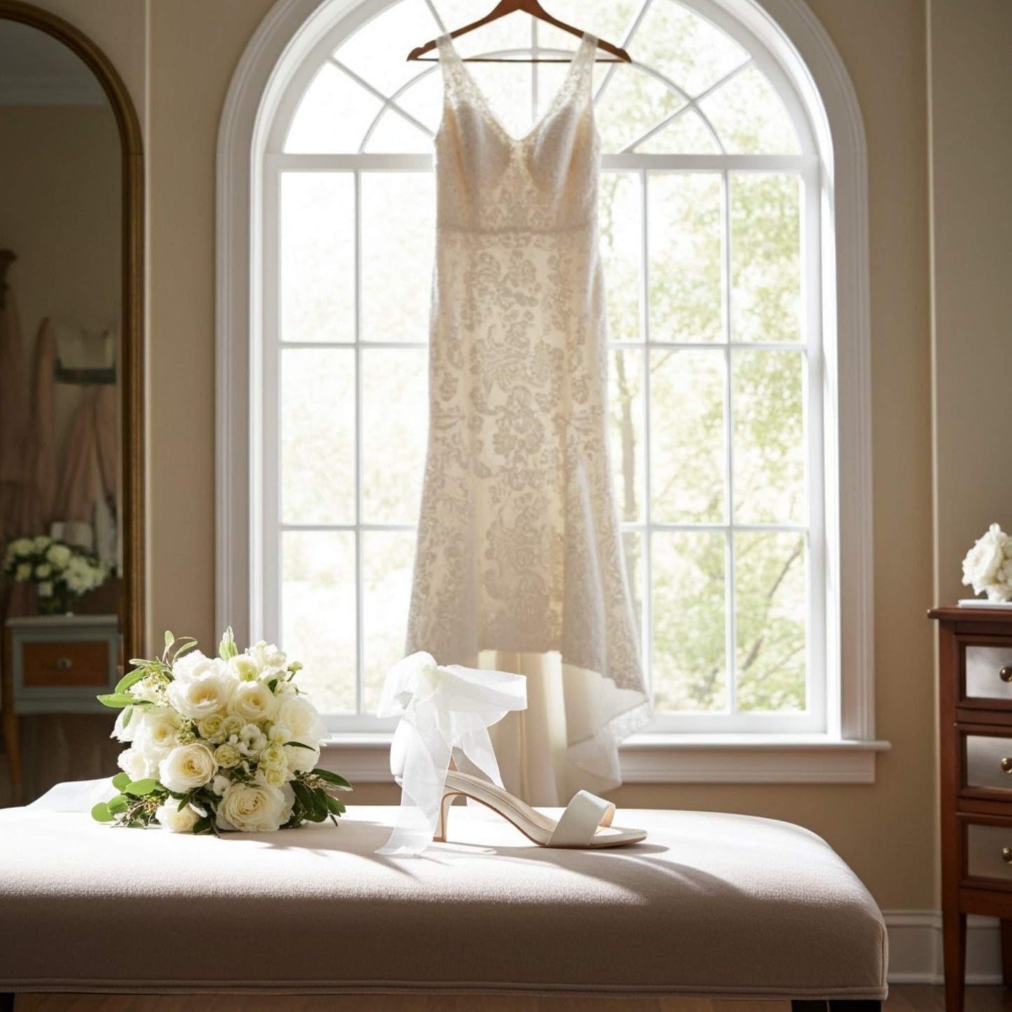 Lace wedding dress hanging in a room with a window, ivory shoes, and flowers on a stool.