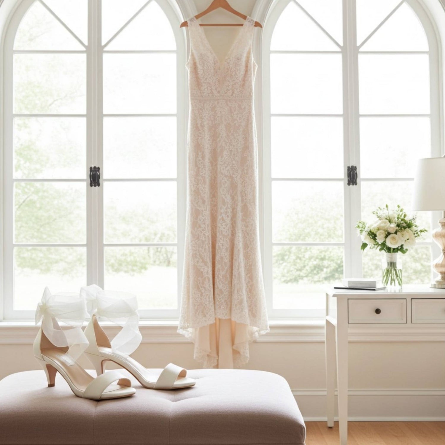 Bridal gown hanging in a room with large windows, bridal shoes on a stool, and a vase of flowers on a table.