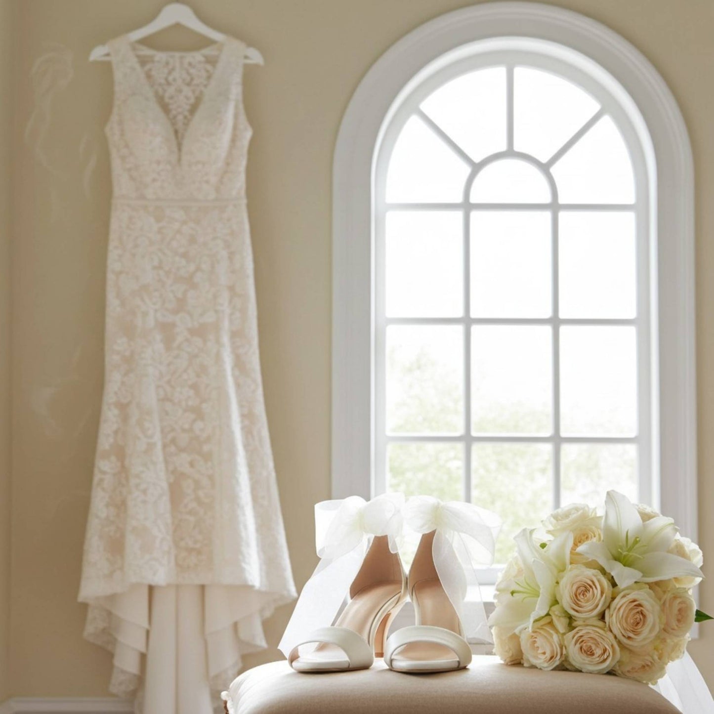 Ivory lace wedding dress hanging on a wall with ivory open toe shoes and flowers on a table below a window.