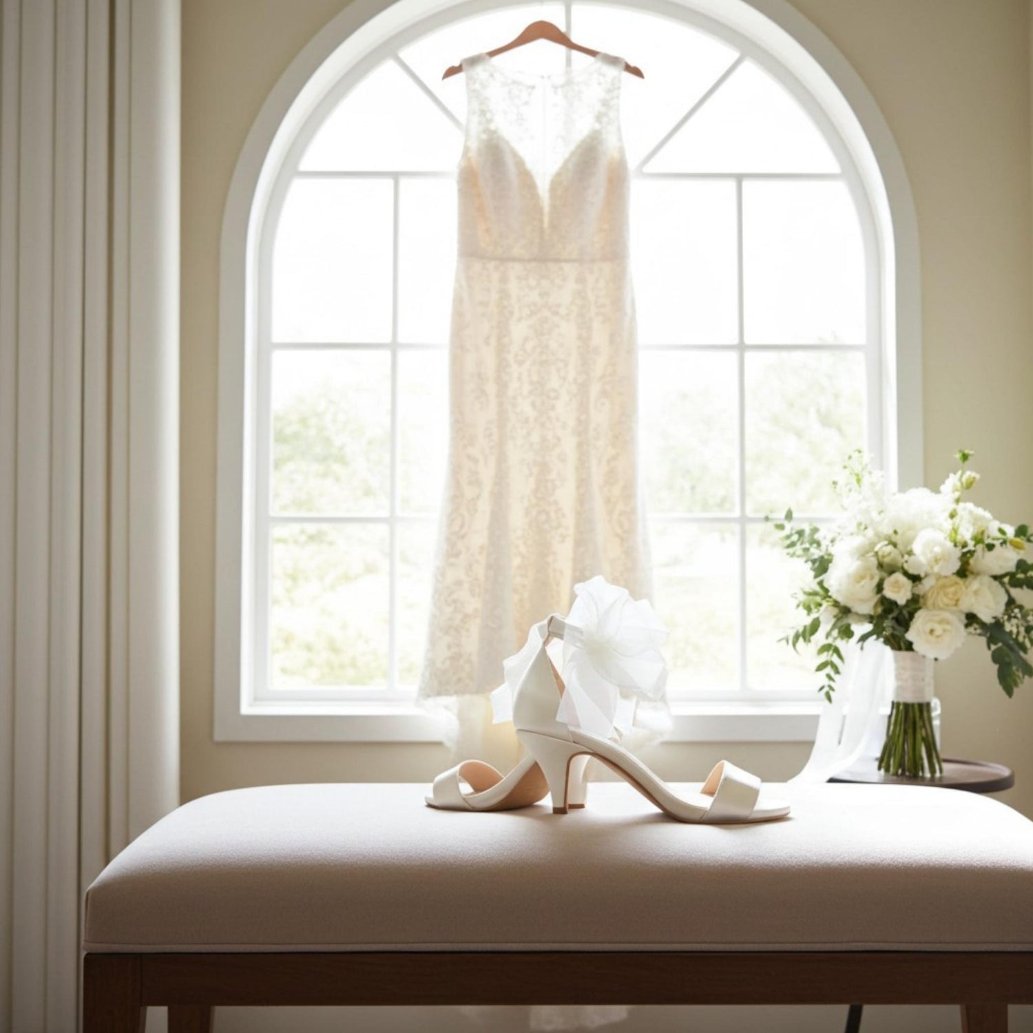 Wedding dress hanging in a window with side view of open toe bridal shoes and flowers on a bench.