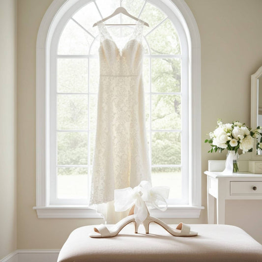 White wedding dress hanging in a bright room with a window, accompanied by ivory open toe kitten heel bridal shoes and flowers.