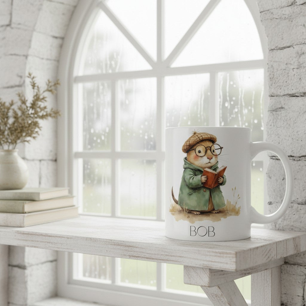 Mug with a cute mole reading a book design on a table in a bright room with large windows.