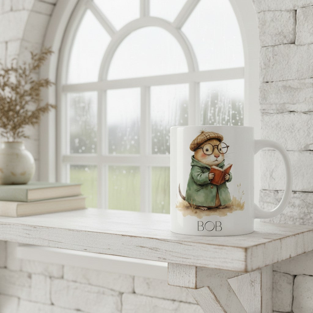 Mug with a mole design on a wooden surface with a window in the background