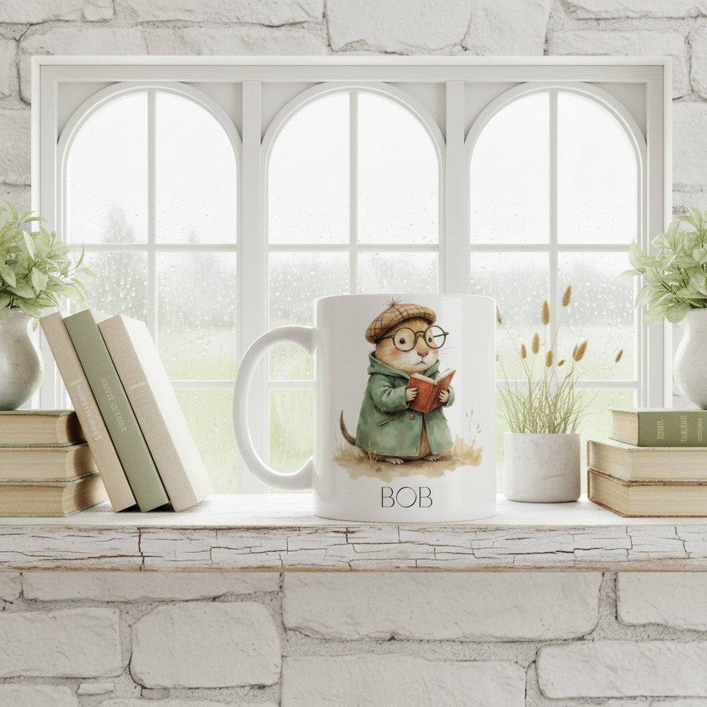 Mug with a mole design on a windowsill with books and plants