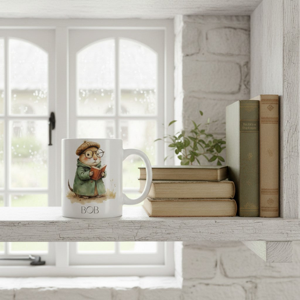 Mug with a mole design on a windowsill with books and a plant