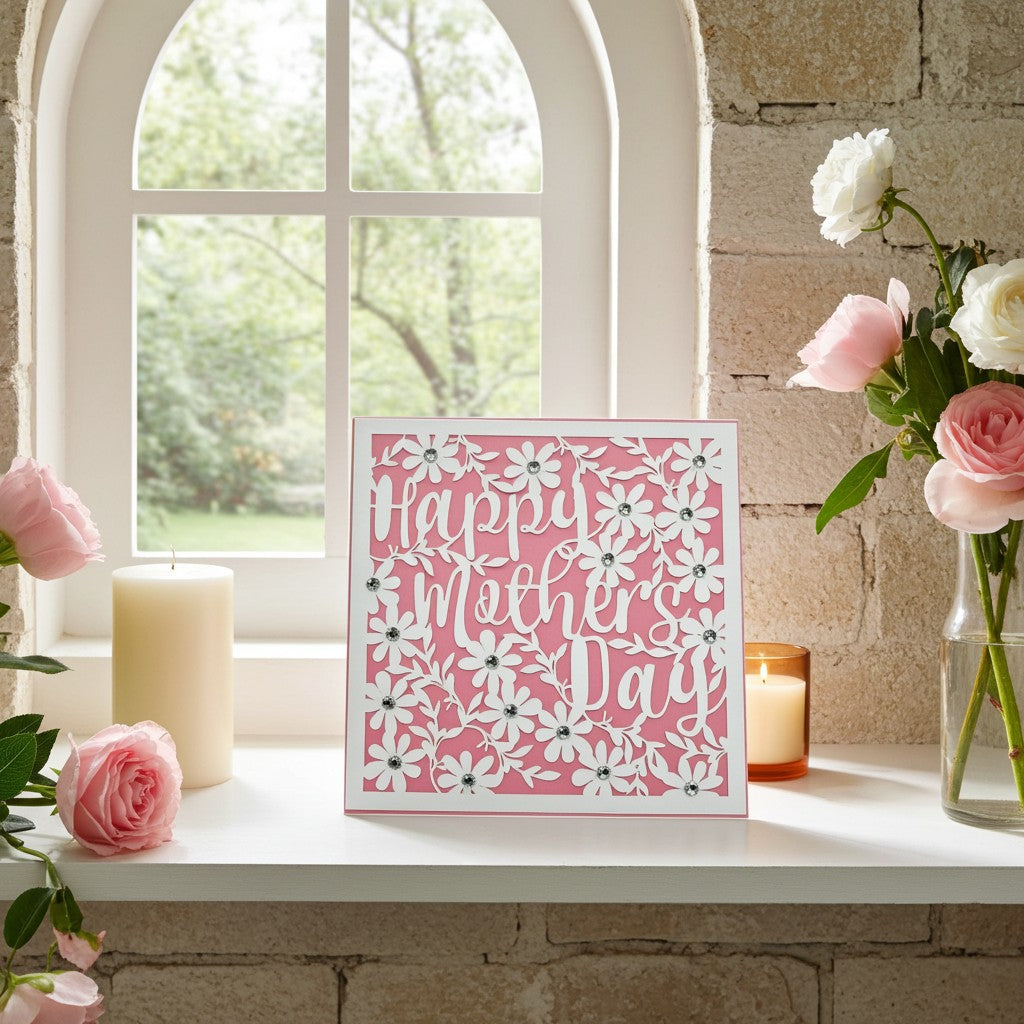 A square decorative greeting card reading 'Happy Mother's Day' in white script over a pink floral background, styled on a windowsill with pink roses, candles, and a vase of flowers.