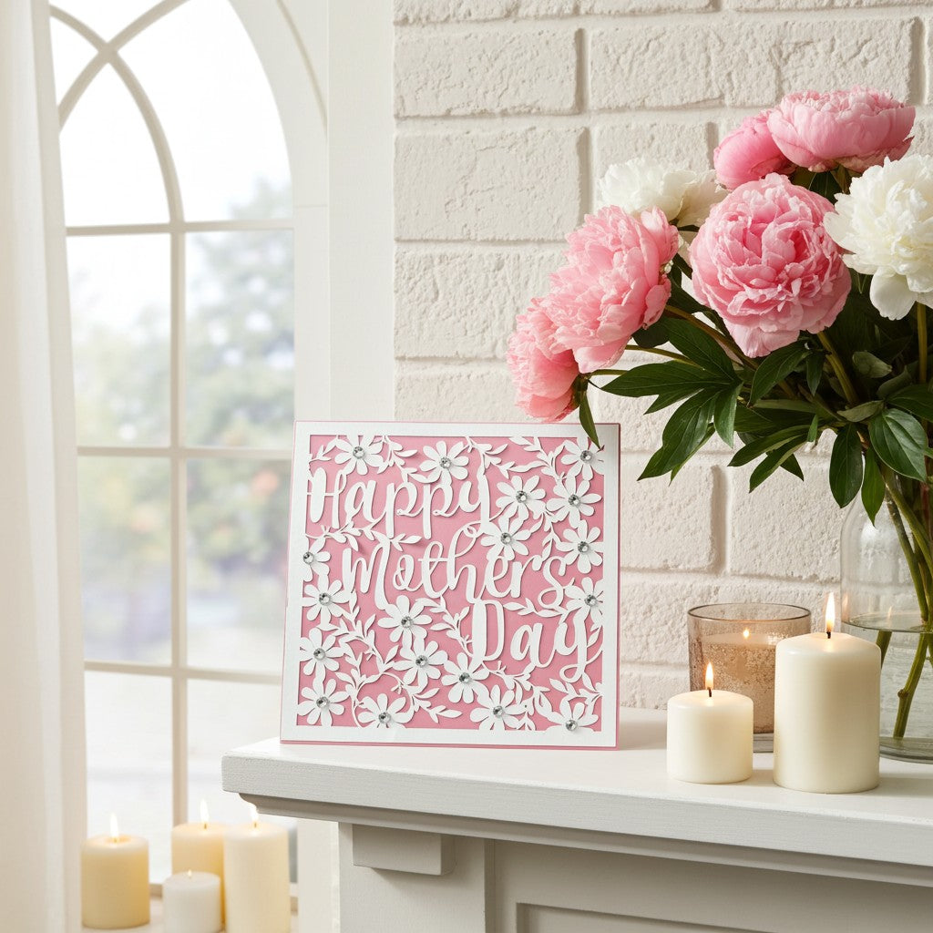 A square pink Mother's Day greeting card with white floral cutout details and the words 'Happy Mother's Day' in white script, displayed on a white mantel beside a vase of pink and white peonies and lit candles.