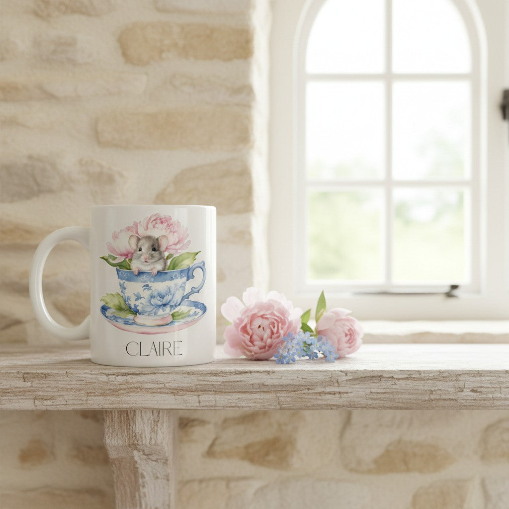 Mug with floral design and 'Claire' branding on a wooden surface with flowers.