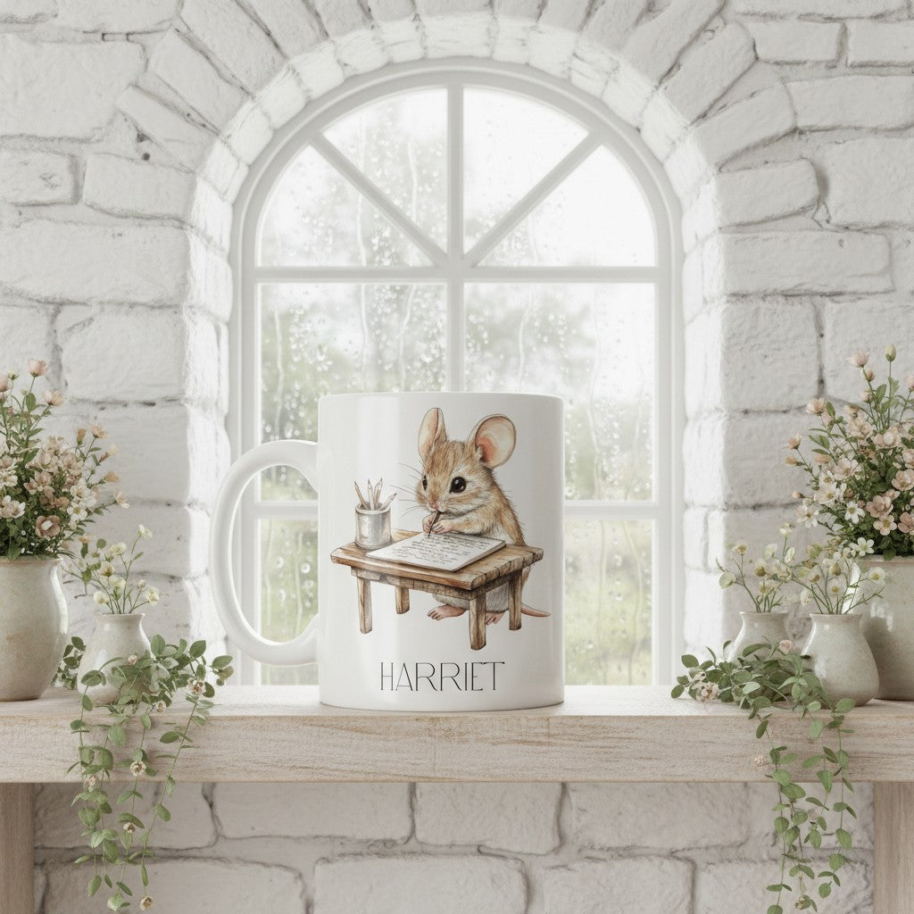 Mug with a design of a mouse named Harriet on a windowsill with decorative plants.