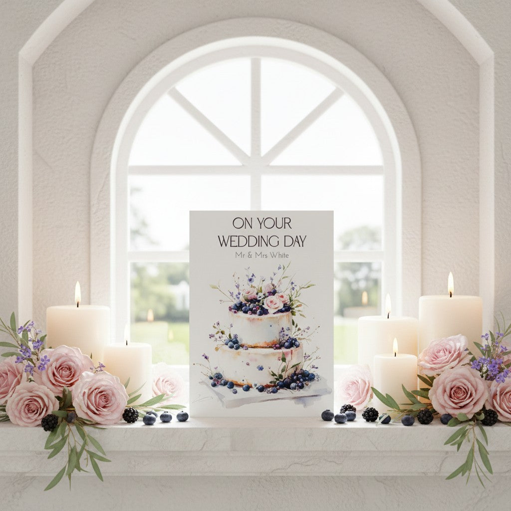 Decorative setup with candles, flowers, and a wedding card in front of a window.