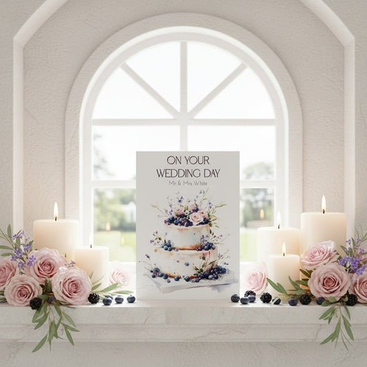 Decorative setup with candles, flowers, and a wedding card in front of a window.