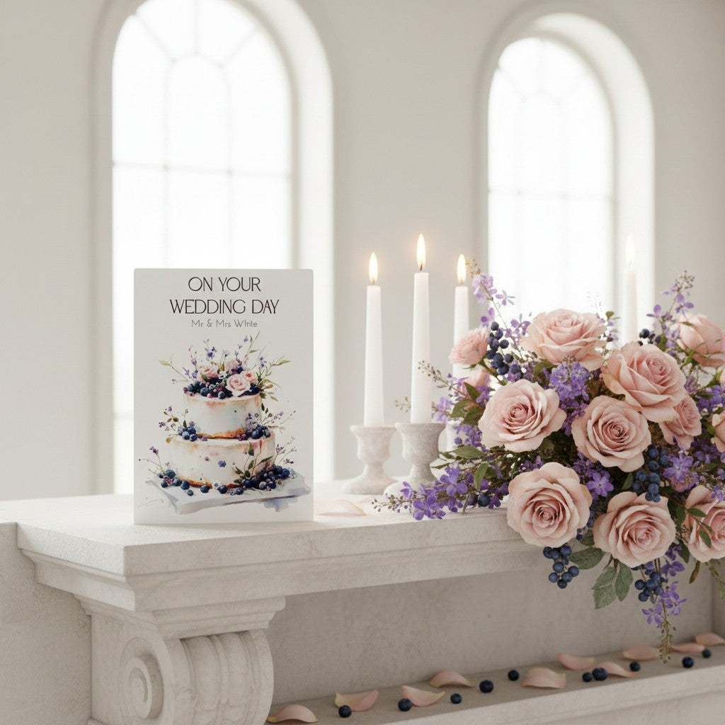 Decorative setup with flowers, candles, and a card on a white mantelpiece.
