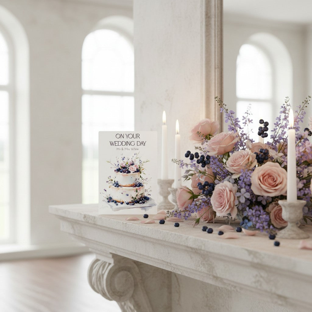 Floral arrangement on a marble surface with candles and a wedding card in a softly lit room.