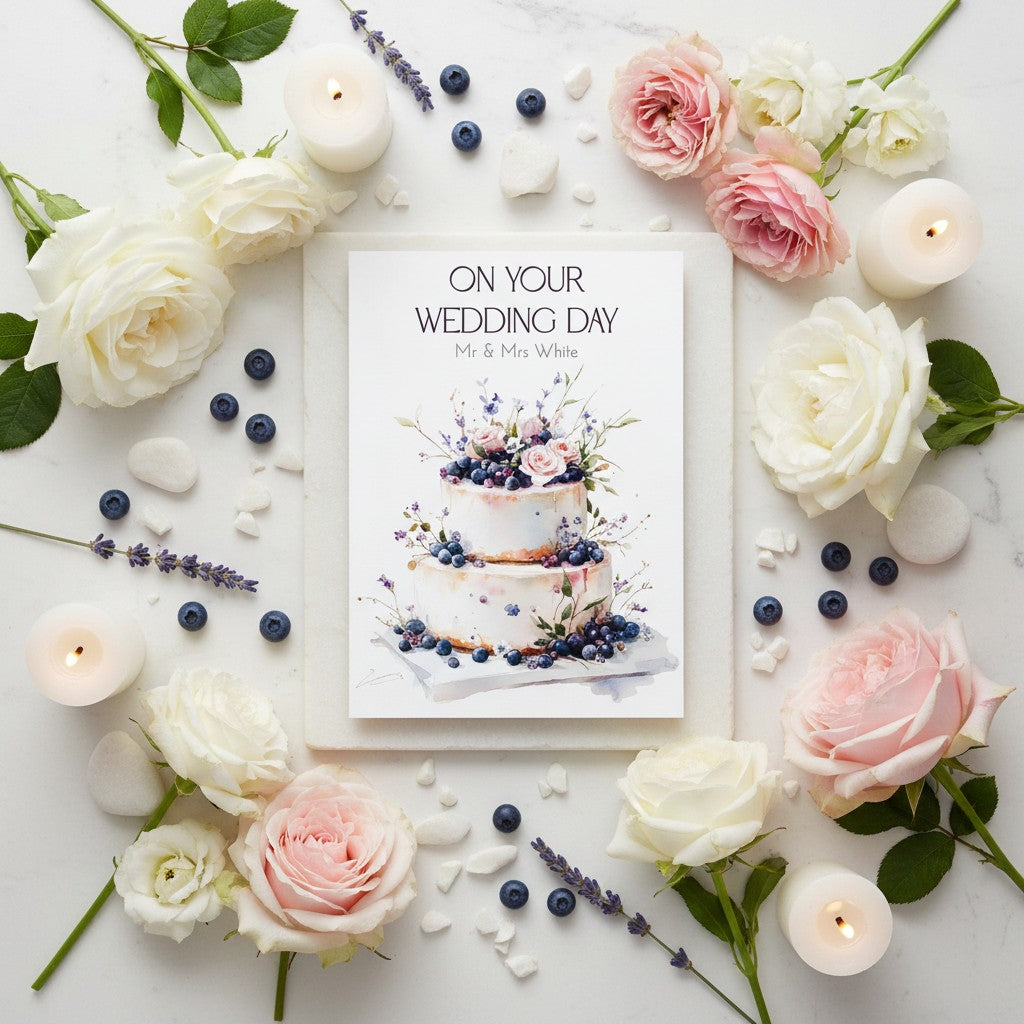 Wedding card with cake illustration surrounded by flowers and candles on a white background