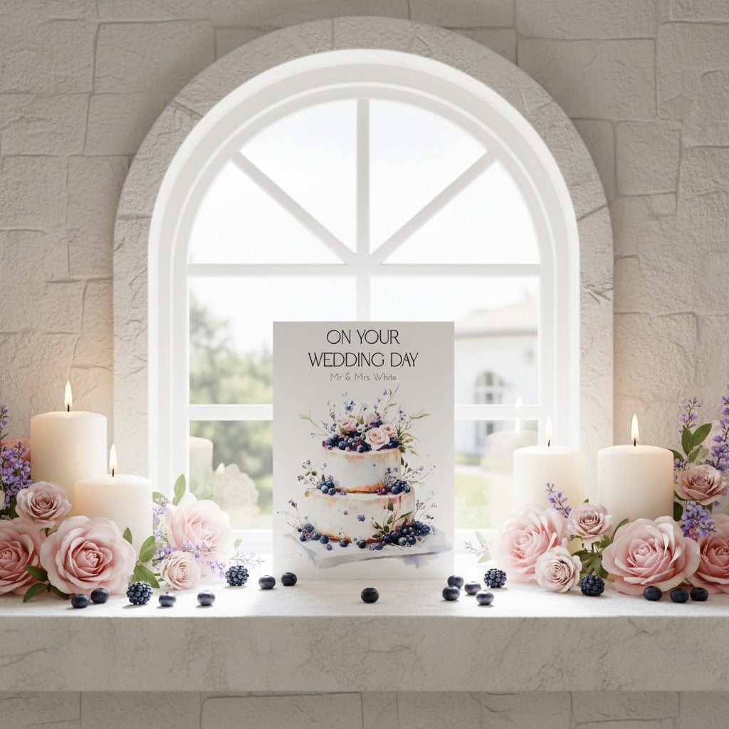 Decorative setup with candles, flowers, and a wedding card in front of a window.
